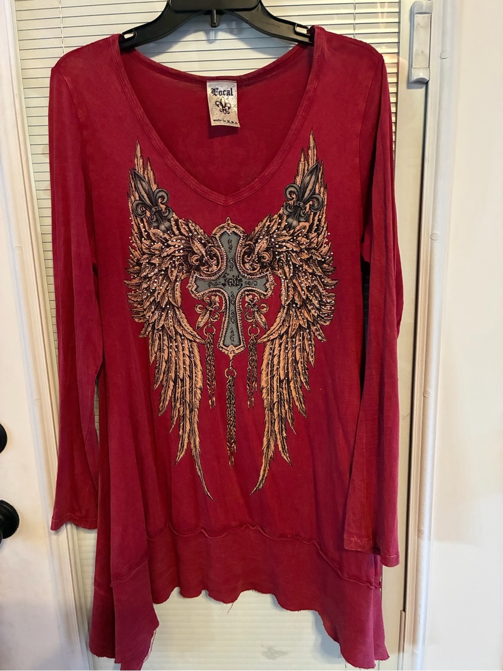Vocal Wine Red V-Neck Shirt with Rhinestone Wing & Cross Design